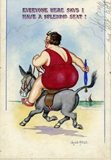 Obese Gallery: Comic postcard, Plump woman riding a donkey on the beach Date: 20th century