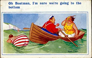 Comic postcard, Plump woman in a rowing boat Date: 20th century Comic postcard, Plump woman in a rowing boat Date: 20th century