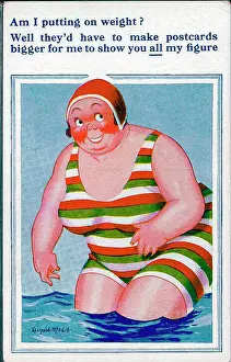 Putting Prints: Comic postcard, Plump woman at the seaside Date: 20th century