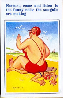 Pain Collection: Comic postcard, Plump woman sitting on man on beach Date: 20th century