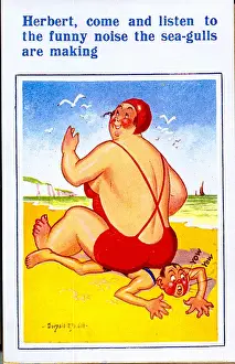 Painful Prints: Comic postcard, Plump woman sitting on man on beach Date: 20th century