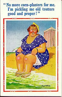 Corns Prints: Comic postcard, Plump woman soaking her feet in the sea Date: 20th century
