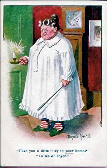 Frowning Prints: Comic postcard, Plump woman waiting for husband to return home. Date: early 20th century