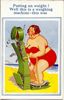 Comic postcard, Plump woman weighing herself