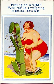 Weight Prints: Comic postcard, Plump woman weighing herself