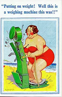 Comic postcard, Plump woman weighing herself on the beach and breaking the machine Date: 20th century