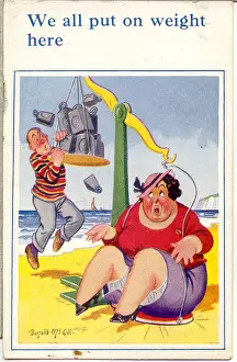 Weights Prints: Comic postcard, Plump woman weighing herself on scales on the beach Date