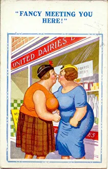 Comic postcard, Two plump women meet outside food shop Date: 20th century Comic postcard, Two plump women meet outside food shop Date: 20th century