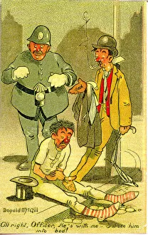 Comic postcard, Policeman and two drunks in the street Date: 20th century