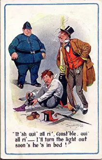 Drunkard Prints: Comic postcard, Policeman and two drunks in the street Date: early 20th century