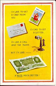 Comic postcard, Postcard, letter, phone and money Date: 20th century Comic postcard, Postcard, letter, phone and money Date: 20th century