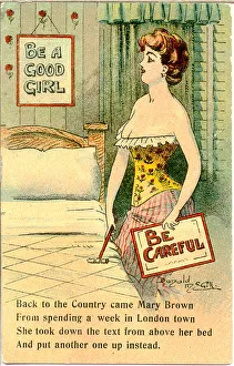 Comic postcard, Pretty woman in her bedroom - Be Careful Date: 20th century Comic postcard, Pretty woman in her bedroom - Be Careful Date: 20th century