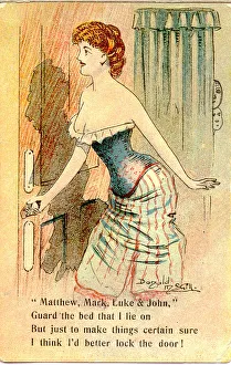 Comic postcard, Pretty woman in her bedroom - locking the door Date: 20th century Comic postcard, Pretty woman in her bedroom - locking the door Date: 20th century