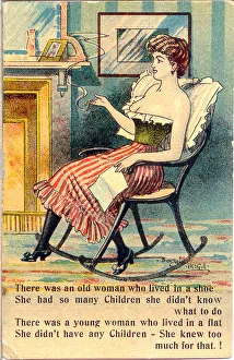 Comic postcard, Pretty woman in her bedroom - sitting in a rocking chair Date Comic postcard, Pretty woman in her bedroom - sitting in a rocking chair Date