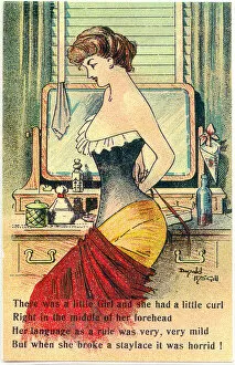 Corset Collection: Comic postcard, Pretty woman in her bedroom - tying her stays Date: 20th century