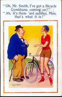 Gymkhana Prints: Comic postcard, Pretty woman with a bicycle