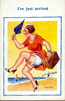 Comic postcard, Pretty woman dancing on the beach - just arrived Date: 20th century Comic postcard, Pretty woman dancing on the beach - just arrived Date: 20th century