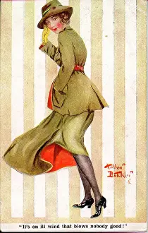 Blows Prints: Comic postcard, Pretty woman in khaki uniform - It's an ill wind that blows nobody good! Date: 1914-1918