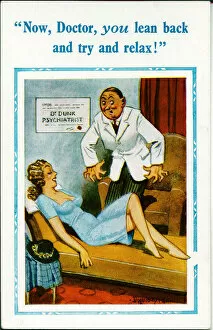 Images Dated 24th May 2021: Comic postcard, Pretty woman and psychiatrist Date: 20th century