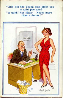 Comic postcard, Pretty woman in solicitors office