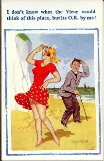 Vicar Prints: Comic postcard, Pretty woman and vicar on the beach Date: 20th century