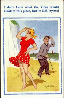 Blowing Collection: Comic postcard, Pretty woman and vicar on the beach Date: 20th century