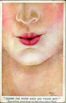 Inviting Prints: Comic postcard, Pretty woman's rosebud lips - Come on now and do your bit! Date: 1914-1918