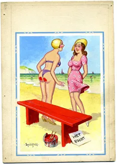 Bikini Prints: Comic postcard, Two pretty women on the beach