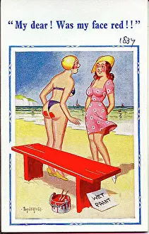 Bikini Prints: Comic postcard, Two pretty women on the beach - Wet Paint Date: 20th century