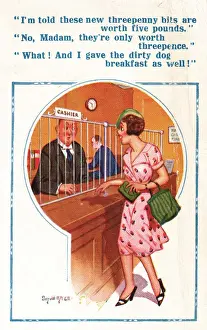 Coins Prints: Comic postcard, Pretty young woman at the bank Date: 20th century