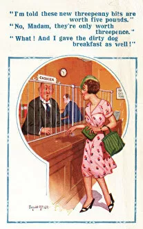 Comic postcard, Pretty young woman at the bank Date: 20th century