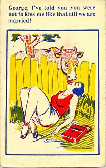 Handbag Prints: Comic postcard, Pretty young woman and cow Date: 20th century