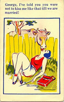 Tongue Collection: Comic postcard, Pretty young woman and cow Date: 20th century