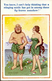 Uncomfortable Prints: Comic postcard, Primitive couple in fig leaves