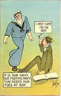 Fist Prints: Comic postcard, Rent collector hit by sailor Date: early 20th century