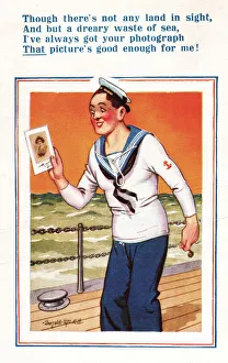Comic postcard, Sailor in the British Royal Navy, WW2 - with a photo of his sweetheart Comic postcard, Sailor in the British Royal Navy, WW2 - with a photo of his sweetheart
