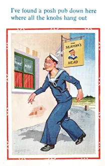 Comic postcard, Sailor in the British Royal Navy, WW2 - striding into a pub