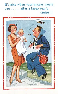 Comic postcard, Sailor in the British Royal Navy, WW2 - an unexpected baby