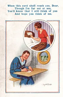 Comic postcard, Sailor in the British Royal Navy, WW2 - writing to his sweetheart