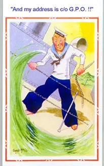Comic postcard, Sailor in the British Royal Navy, WW2 - standing on deck on a rough day
