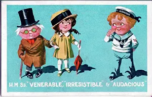 Venerable Prints: Comic postcard, Sailor with elderly man and girl - HMS Venerable