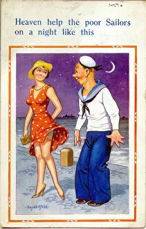Holidays Gallery: Comic postcard, Sailor and girlfriend at night Date: 20th century
