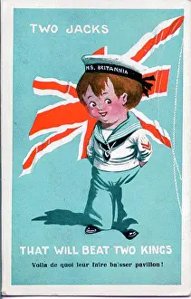 Beat Prints: Comic postcard, Sailor of HMS Britannia with British flag - Two Jacks that will beat two kings