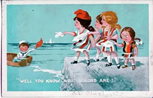 Comic postcard, Sailor waves to four girls of different nationalities - Well, you know what sailors are! Date: circa 1940s