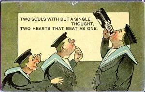 Comic postcard, Three sailors, one with a bottle, two without Date: 20th century Comic postcard, Three sailors, one with a bottle, two without Date: 20th century