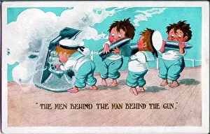 Torpedoes Prints: Comic postcard, Four sailors loading torpedoes - The men behind the man behind the gun