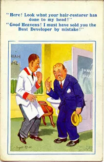 Bump Collection: Comic postcard, Sale of wrong product - customer and barber Date: 20th century