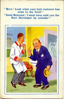 Hairdresser Prints: Comic postcard, Sale of wrong product - customer and barber Date: 20th century
