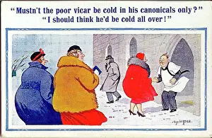 Gossiping Prints: Comic postcard, Scene on a cold day outside church Date: 20th century