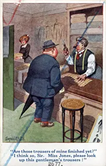 Client Prints: Comic postcard, Scene in a tailors shop Date: circa 1918